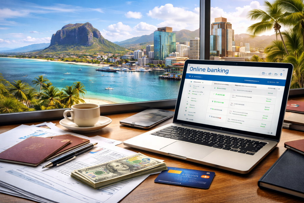 Bureau financier international ordinateur portable documents bancaires carte bancaire projet expatriation île Maurice