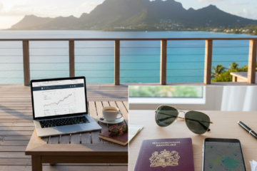 Vue panoramique sur le lagon de l'île Maurice depuis une terrasse pour expatrié.