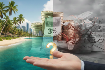 Illustration conceptuelle divisée en deux montrant un paysage tropical de l'île Maurice avec des pièces d'or et le chiffre 3% d'un côté, et un aspect sombre avec des documents administratifs de l'autre, séparés par un point d'interrogation.