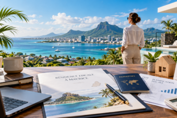 Résidence fiscale à l’île Maurice : expatriée face à un panorama mauricien avec documents fiscaux et passeport.